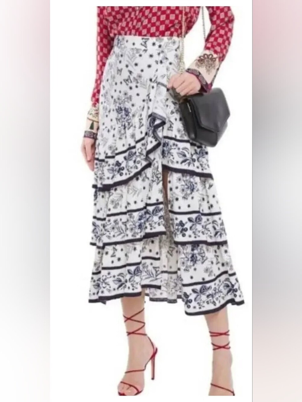NWT Sandro Paris Lipa Tiered Assymetric Ruffle Skirt Porcelain Butterfly Floral